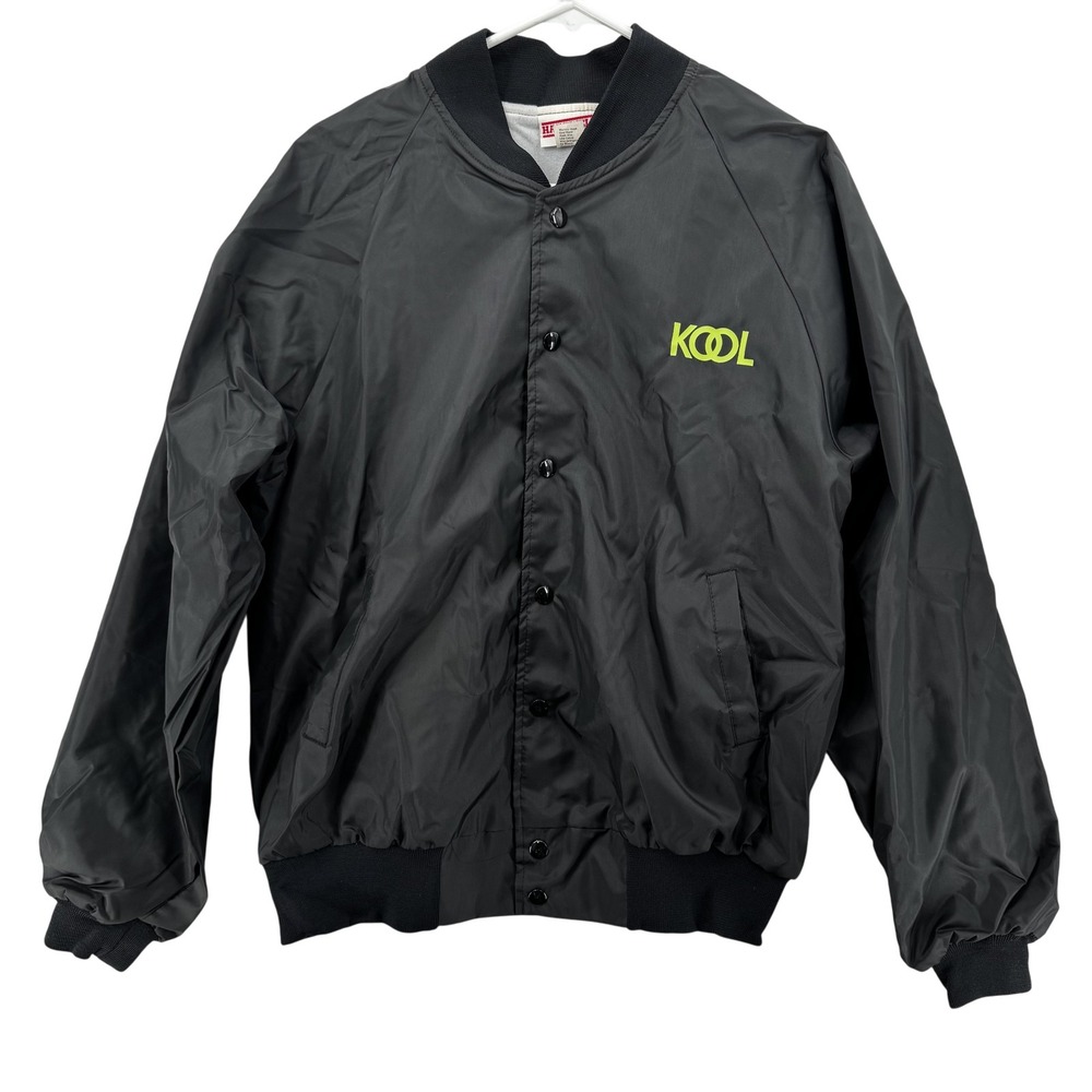 Kool Hartwell Jacket Mens Large Black Nylon Snap‎ Front Bomber Windbreaker VTG